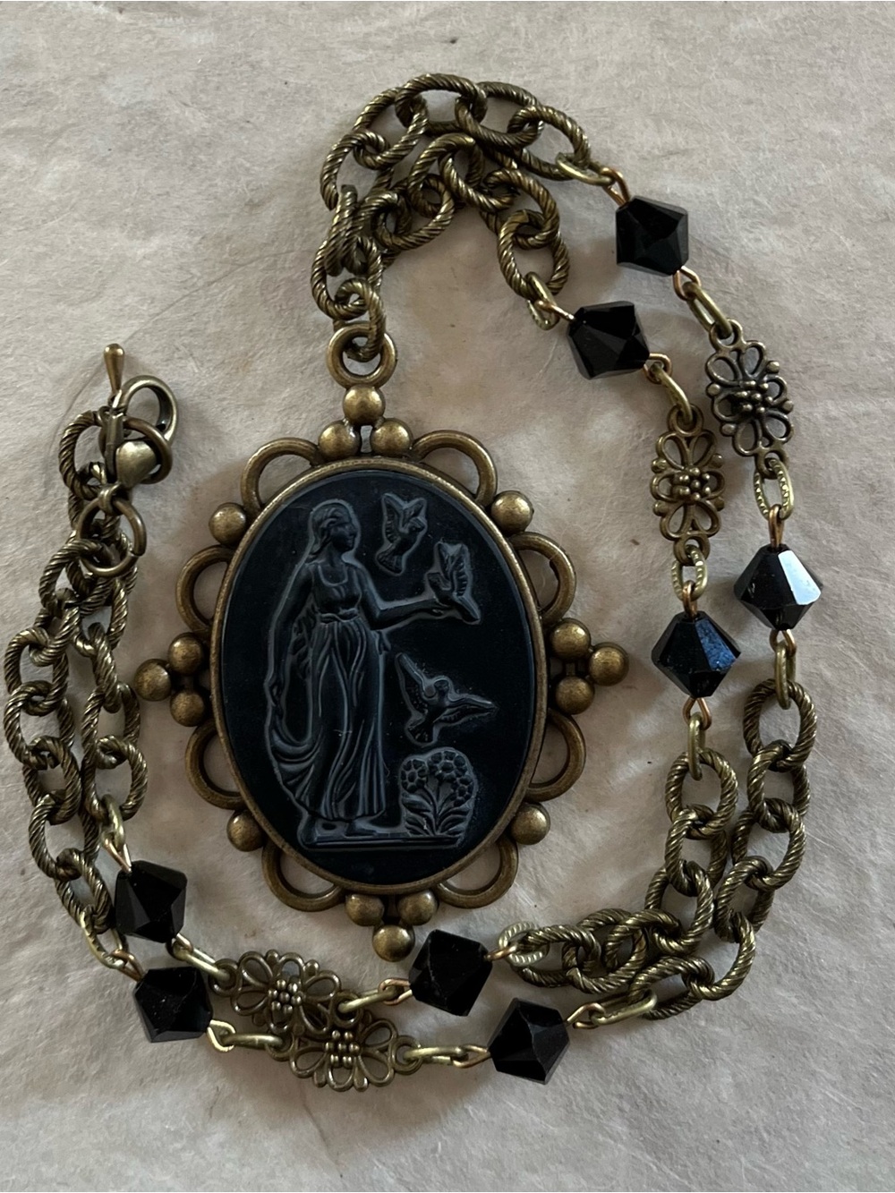 Vintage 1940s Black Glass Goddess Cameo Necklace with Brass Czech Chain - Picture 16 of 16